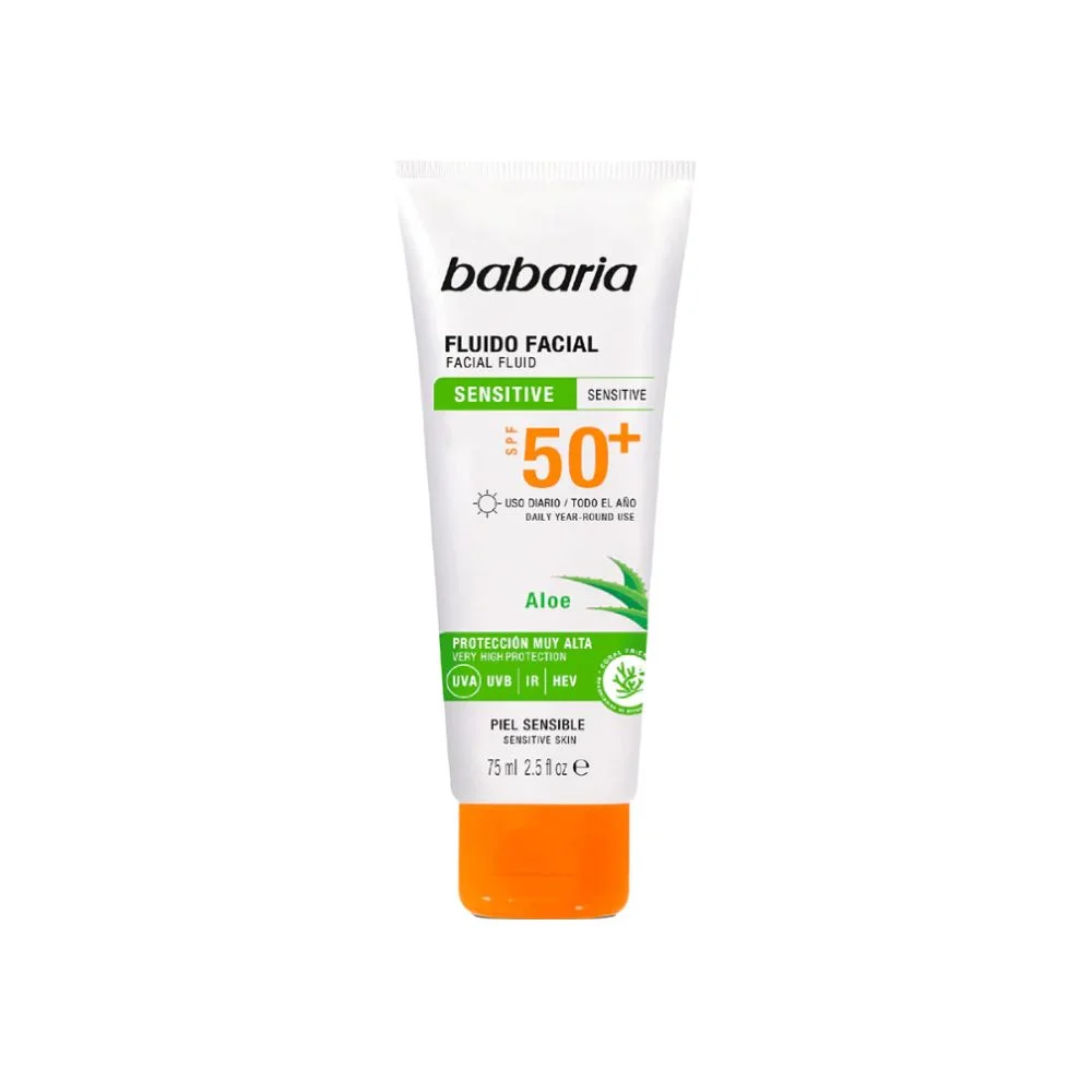 كريم الحماية من أشعة الشمس بالألوفيرا للبشرة الحساسة من باباريا 75 مل - Babaria Sensitive Skin Aloe Facial Fluid Sunscreen +SPF50